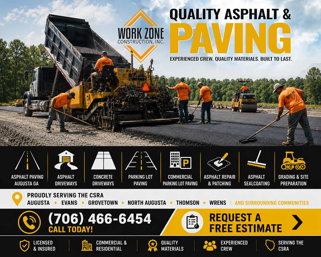 Work Zone Construction asphalt paving crew installing asphalt in Augusta, Evans and Grovetown GA